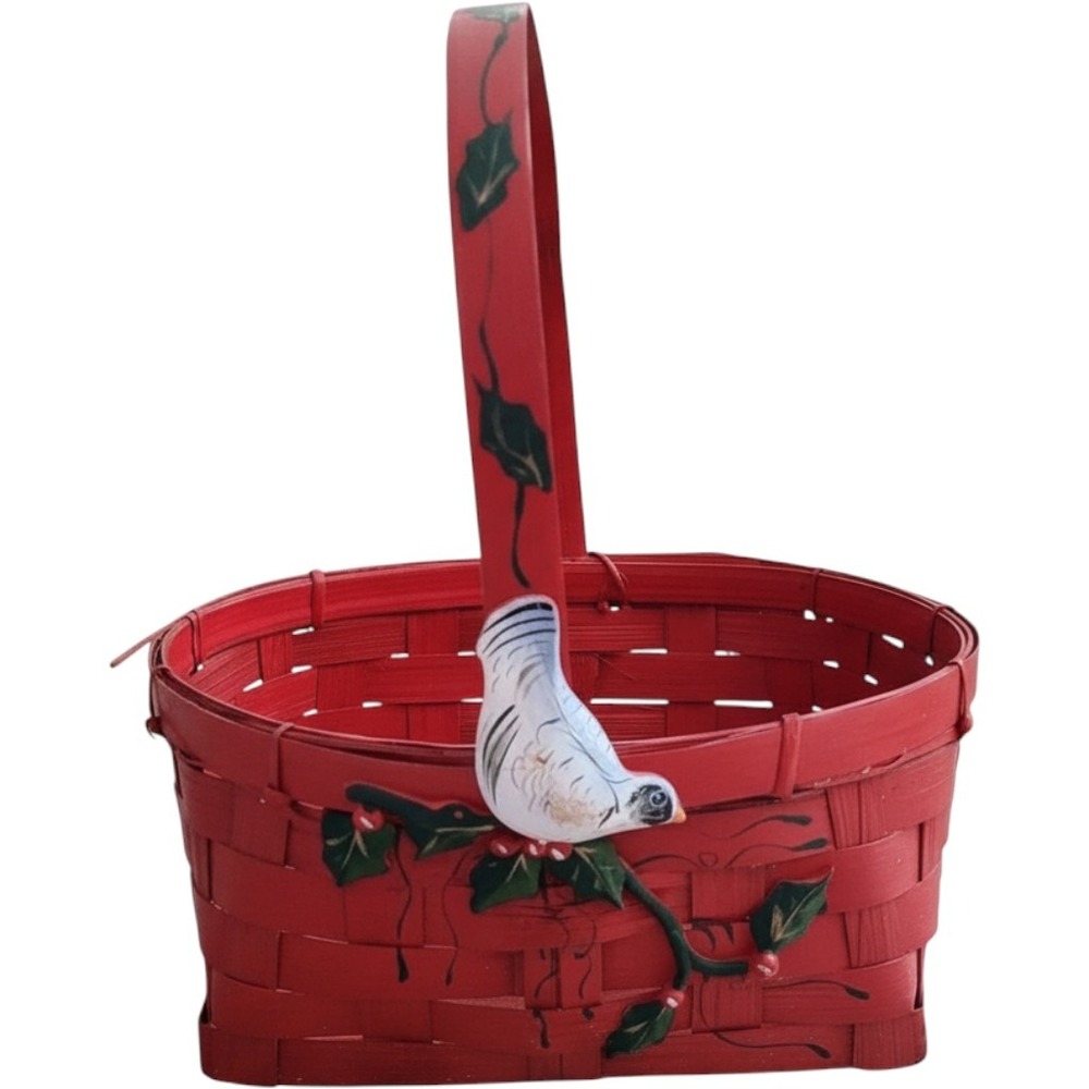 VTG 1980s Red Woven Wood Christmas Basket Holly Bluebird Decorative Caddy Rustic